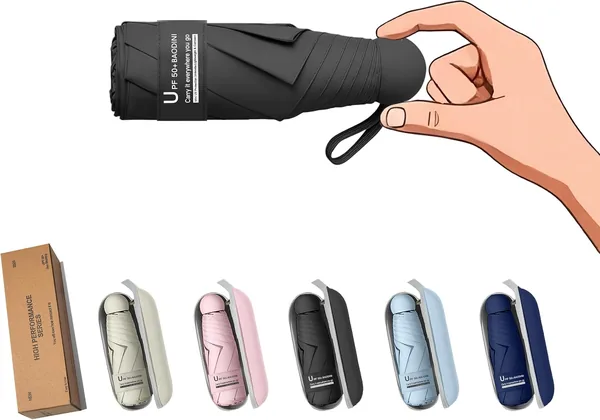 BAODINI Travel Essentials Mini Umbrella for Purse With Case Small Compact UV Sun Protection Lightweight Tiny Pocket Manual Open Close Umbrella for Women Kids and Men Fits Purse Bac