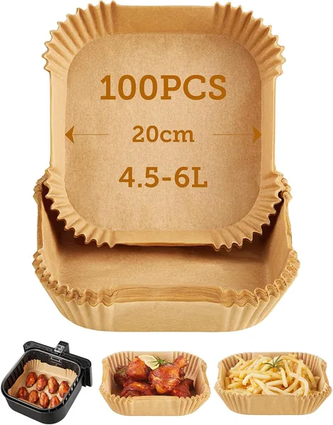 Pani per Forno Air Fryer COSORI 100 Pezzi, Teglie Quadrate da 4.5-6L, Rivestimento Antiscivolo Antiaderente Dispositivo Usa e Getta