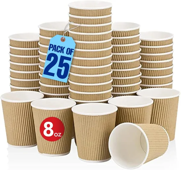 MARKQ 8 oz. Brown Disposable Ripple Insulated Coffee Cups - Hot Beverage Corrugated Paper Cups [25 Cups]