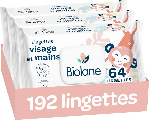 BIOLANE - Lingettes pour le visage et les mains - Pack de 3 - 192 Lingettes (3x64) - Nettoie et protège - Peau sensible - 97%