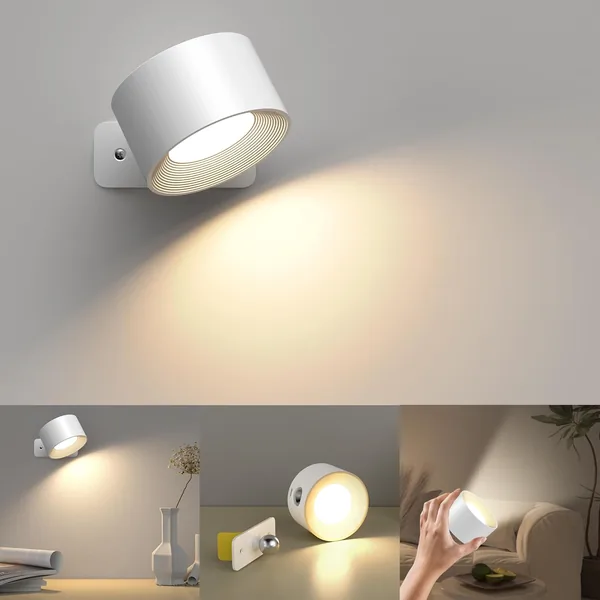 Indoor Wall Light, Wall Lamp with USB Charging Battery, 3 Colors and 3 Levels of Brightness Indoor Wall 360  Rotatable Touch Control Wireless Wall Lamps (White)