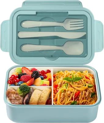 Scatola pranzo Diboniur, 1400 ml con Posate e 3 Comparti, Blu | Con chiusura anti-gocciolamento, adatta al microonde e lavastoviglie