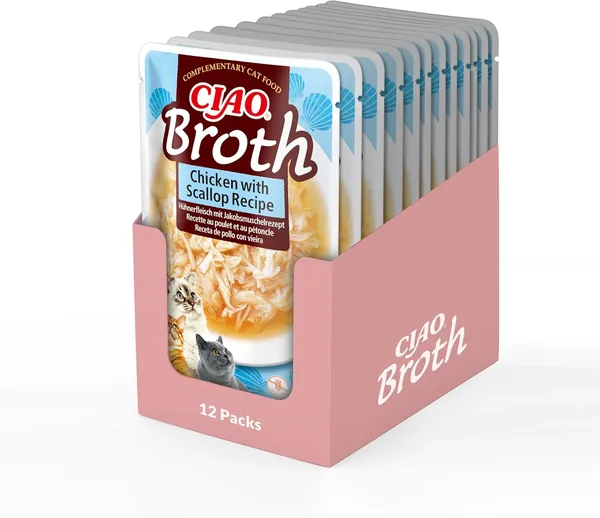 Ciao Broth door INABA Kattekoekjes - Kip met Scallop - 12 Pakketten (480g in totaal) / Voedzaam en Lekker Snack voor Katten