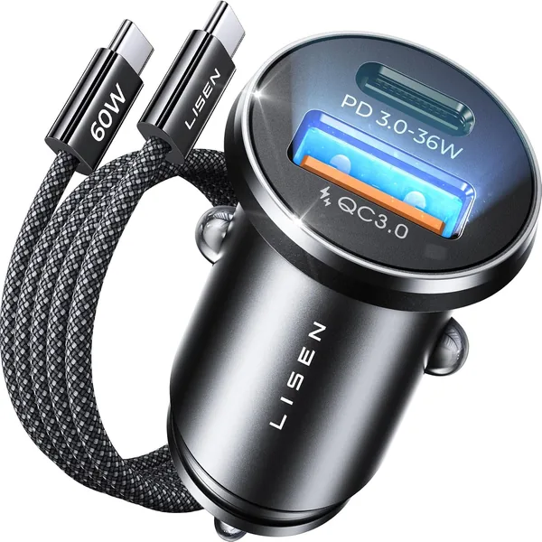 LISEN 54W Car Phone Charger USB C 12V Car USB Adapter Socket Fast Charge Cigarette Lighter