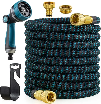 JUNEBOW Gartenschlauch 15 m Flexibler Wasserhahn mit 10-Funktions-Sprühkopf, Leichtgewichtiger Flexibler Schlauch 3/4 Zoll und 1/2 Zoll