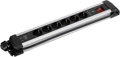 Simon - Enchufes múltiples con protección contra sobretensiones, 6 enchufes, 16A 250V + 2 puertos USB A, 2 metros