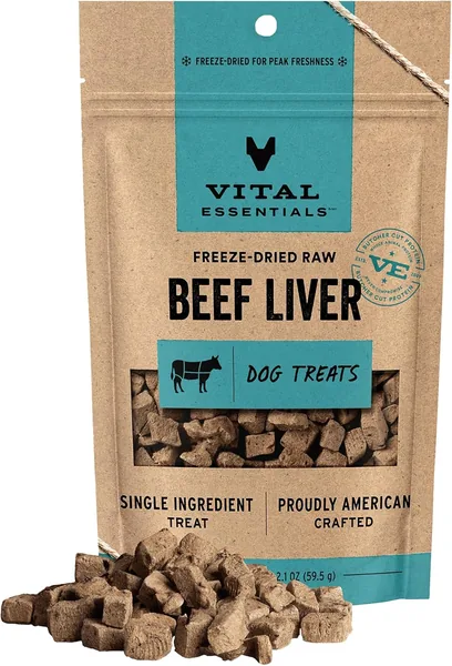 Vital Essentials Freeze Dried Dog Treats | Beef Liver, Single Ingredient | Premium Quality | Grain Free Training Treats for Dogs, 2.1 oz Bag