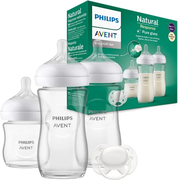 Zestaw butelek Philips Avent Natural z responsywnym smoczkiem - 3 szklane butelki dla niemowląt, najlepszy prezent