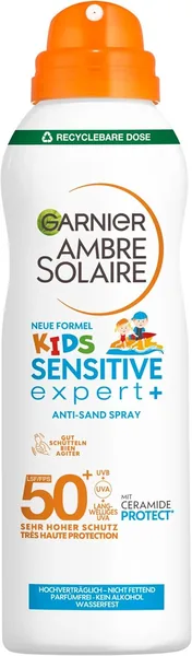Garnier Ambre Solaire Kids Sensitive Expert+ Anti-Sand Spray SPF 50 for Children, Waterproof and Sand Repellent (1 x 150 ml)