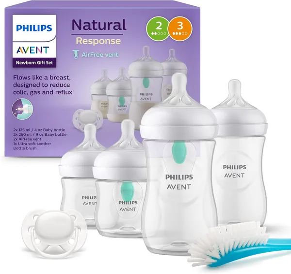 Philips Avent Set de regalo de biberones para reci n nacidos con sistema AirFree: 4 biberones con sistema AirFree, chupete ultra soft y escobilla para biber n