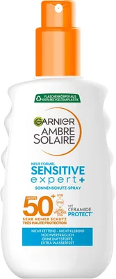Garnier Ambre Solaire Sensitive Expert+ Sonnenschutzspray mit SPF 50+, wasserfest und restloser Sprühschutz für empfindliche Haut - 87% Rabatt