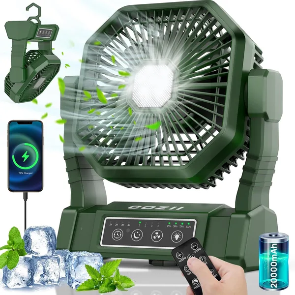 COZII Camping Fan 20.000 mAh, Draagbare Tafelventilator met USB-aansluiting, Licht en 4 Snelheidsinstellingen, Afstandsbediening, Outdoor Ventilator, Stil