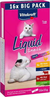 Vitakraft Liquid Snack pour Chats, Multipack de Récompenses, Texture Crémeuse avec du Bœuf Corné et du Poulet Digeste - 1 Paquet (16 x 15g)