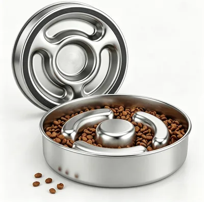 AIPERRO Slow Feeder Dog Bowl, 2 Cups Metal Non-Slip Food & Water Bowl