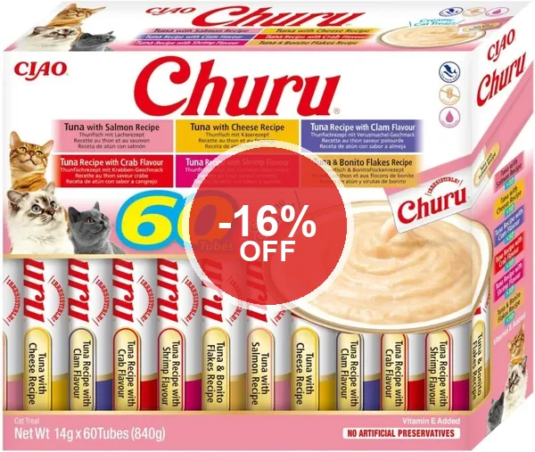 INABA Churu Cats - 6 Recetas Saludables con Atún - Bocadillos Deliciosos de Textura Suave y Crema - Naturales, Sin Cereales - 16% De Descuento