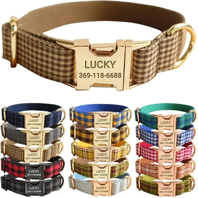 PETDURO Gingham Dog Collar - Personalized Engraved Coffee with Name & Phone Best Deal
