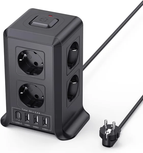 Tower Power Strips Sockets, USB Power Strip 8 AC Outlets and 4 USB Multiple Plug, 2500W/10A