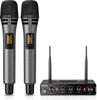 Micrófono Inalámbrico TONOR con Doble Micrófono UHF, Sistema Dinámico de Mano con Receptor, Compatible con Amplificador