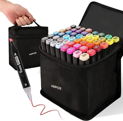48-Color Alcohol Marker Set - Dual Tips Blender Art Markers for Drawing, Sketching & Coloring