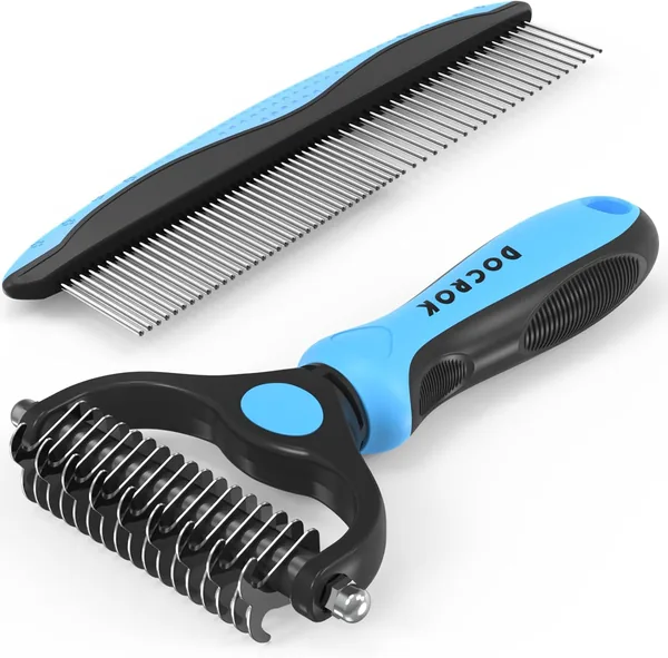 Docrok Pet Grooming Combo - Blue Deshedding Brush with Metal Comb
