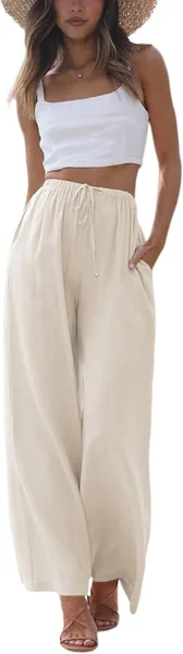 Faleave Women's Summer Cotton-Linen Palazzo Beach Pants with Pockets