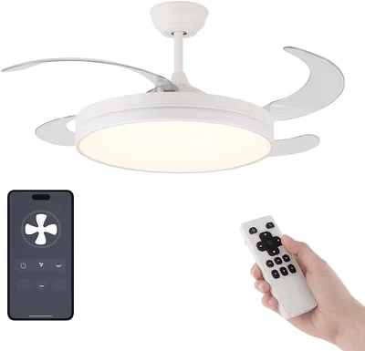 Ventilador de Techo LED Móvil App Montaje Fácil DC LED Retractable 4 Láminas - Opción Sin Sonido, Temporizador, Invierno Verano, 3 Tones, Breez - 50% de Descuento