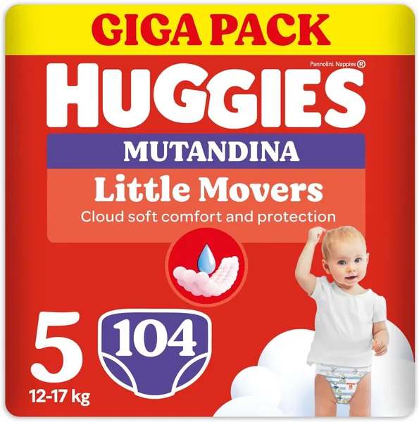 Huggies Little Movers Gigapack 104 Nappies Size 5 (12-17 kg), Ultra Absorbent, Full Protection, Pack of 104