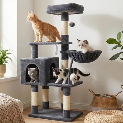 Arbre à Chat Hey-Brother avec Jouet - Tour de Chat Intérieur pour Chat avec Perchoir Doux et Hammac Confortable