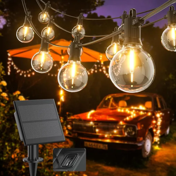 Iluminación solar Kawaya String Lights Outdoor, 10M USB Recargable Lámparas LED al Aire Libre con 5 Modos y 15+1 Bombillas G40