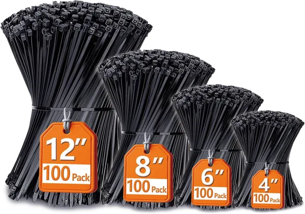 Zip Ties Assorted Sizes(4 +6 +8 +12 ), 400 Pack, Black Cable Ties, UV Resistant Wire Ties by ANOSON
