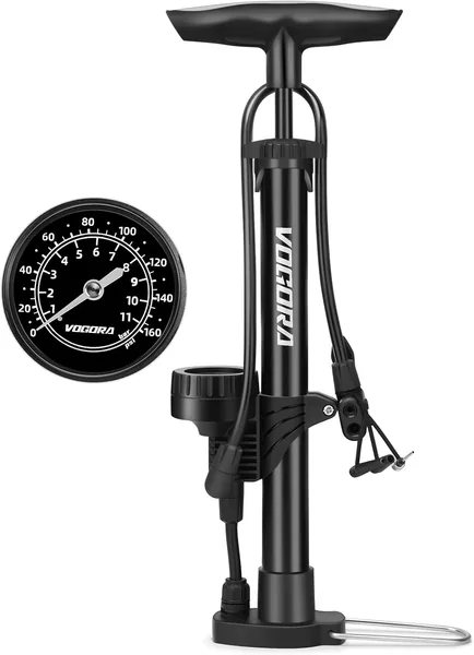 VOGORA Cyklpumpa med tryckmåttare - Universell fotpumpa för Presta/Schrader ventilkappor, cyklar (väg/MTB), fordonstyrningar & andra