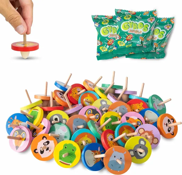BONNYCO Children's Wooden Top Pack of 40 Jungle Animals