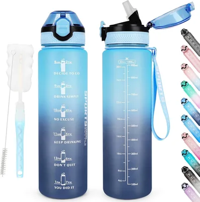 AOHAN 1 L Waterfles met Strook, BPA-vrij, Sportdrinkfles, Afwasbaar, Vergrendelig Deksel, Lekdicht, Motivatie B