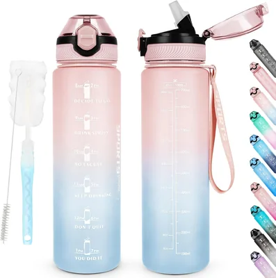 AOHAN 1 L Waterfles met Strook, BPA-vrij, Dishwasher Safe, Vergrendelde Deksel, Lekdicht, Motivatie B