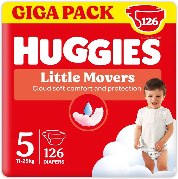 Huggies Little Movers Nappies Size 5 (11-25kg), Pack of 126 Nappies