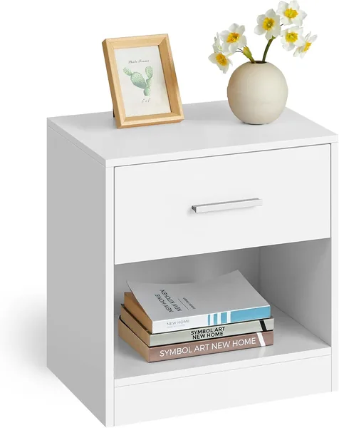 VASAGLE Bedside Table with Drawer, Handle, Open Compartment for Bedroom Living Room Classic White LET619T14