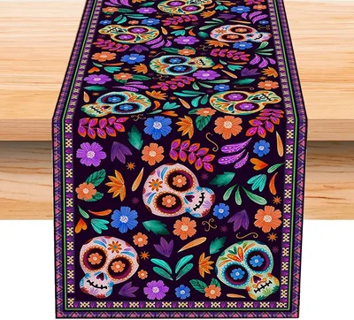 Camino de Mesa Día de Muertos de Lino con Calavera Mexicana