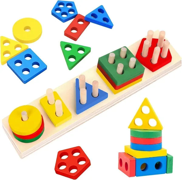 SKY-TOUCH Wooden Sorting & Stacking Toys, Shape Color Recognition Geometric Blocks Matching Puzzle with Lacing String