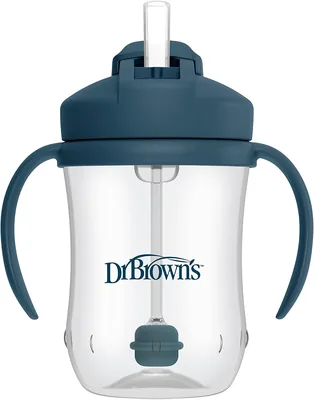 Dr. Brown's Milestones - Taza de entrenamiento con pajita ponderada, 9 onzas/270 ml, azul oscuro, sin BPA, 6 m+
