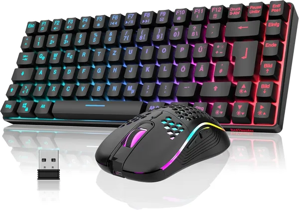 RedThunder 75% Wireless Gaming Keyboard and Mouse Set, QWERTZ DE Layout, 85 Keys TKL Rechargeable Compact Keyboard, Ultralight 7200DPI Mouse with Honeycomb Construction for PC Mac