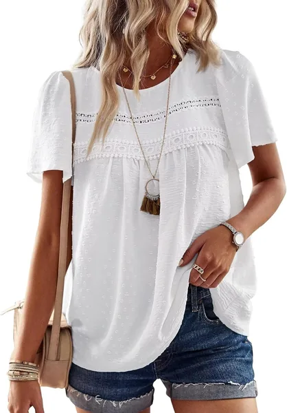 Falechay Womens Summer Tops Crewneck Short Sleeve Shirts Casual Chiffon Blouses Flowy Lace Hem Boho Clothing Trendy