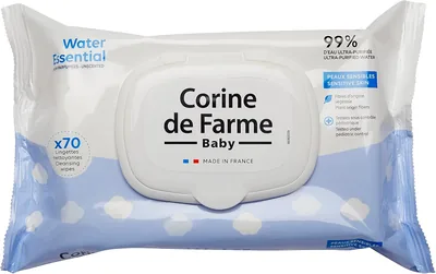 Lingettes bébé Corine de Farme Eau Essentielle 70 unités | Nettoie en douceur - Eau purifiée ultra - 99% d'origine naturelle - Réutilisable