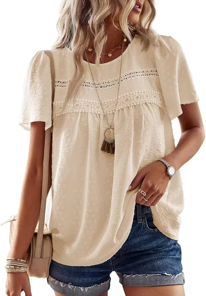 Falechay Womens Summer Tops Crewneck Short Sleeve Shirts Casual Chiffon Blouses Flowy Lace Hem Boho Clothing Trendy 2026