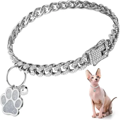 Hillban Cat Collar Glitter Diamond Chain with Paw Charm