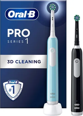 Oral-B Pro 1, 2 Pack, Blå & Schwarz Elektrisk Tandborste, 2 Borsthuvud, Design av Braun - Best Deal