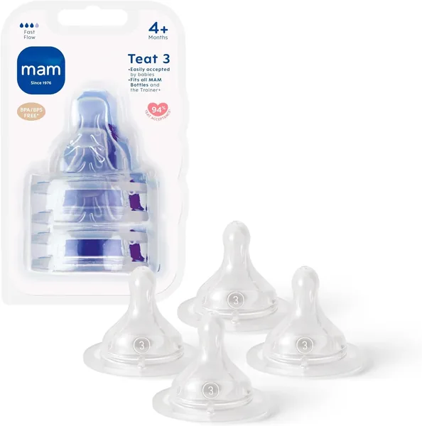 MAM Teats Size 3 | 4 Pack | Fast Flow | Suitable from 4+ Months | Fits All MAM Bottles | Made from SkinSoft Silicone