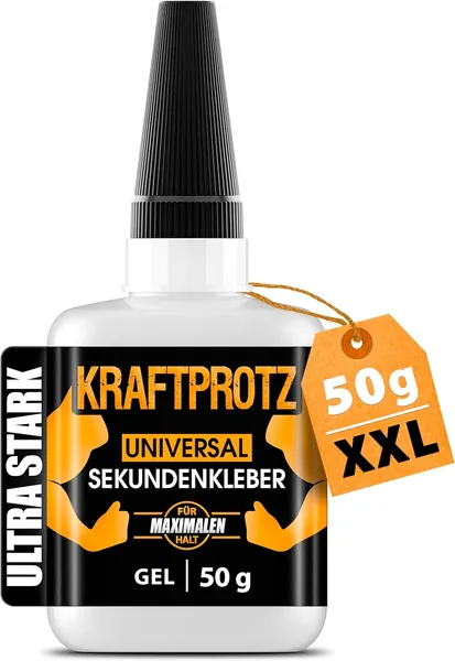 Kraftprotz 50 g Super Glue Extra Strong - Includes Anti-Drying Tip - Thick Super Glue - Universal Use for Gluing Plastic, Glass, Wood, Stone, Metal and Much More