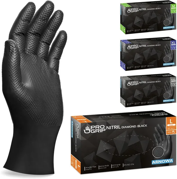 Progrip Disposable Gloves Black Extra Strong Nitrile Gloves L 2 Thicker
