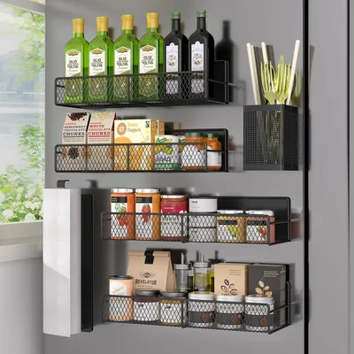 Magnetic Spice Rack 6 Pack - Strong Metal Magnet Shelves Black, Kitchen Organizer