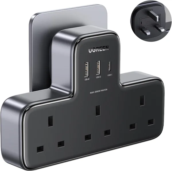 UGEARCHIE 6-in-1 Power Strip Surge Protector Extension Plug Multiple 3 AC Outlet Sockets, Type C Fast Charger 3 USB Ports,Triple UK Plug Extender USB Charging Station for Kitchen